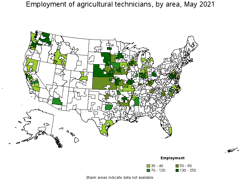 Map of employment of agricultural technicians by area, May 2021