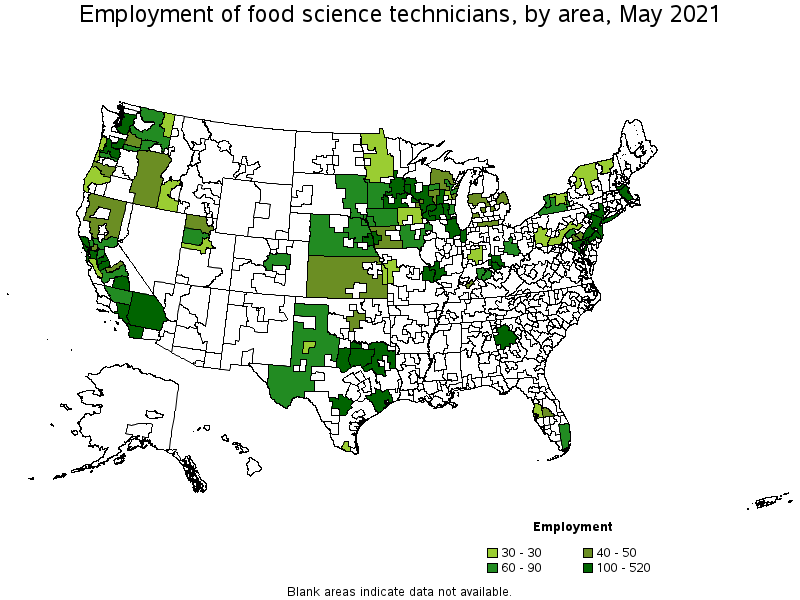 Map of employment of food science technicians by area, May 2021