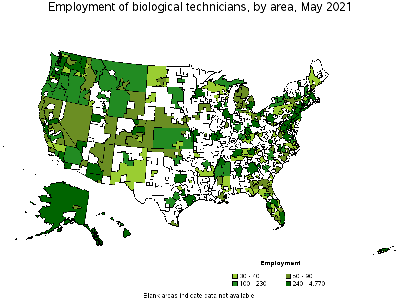 Map of employment of biological technicians by area, May 2021