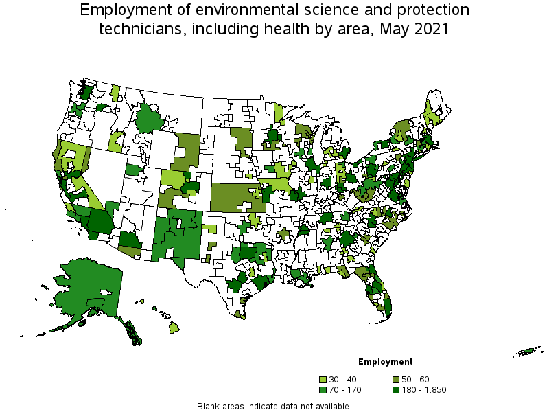 Map of employment of environmental science and protection technicians, including health by area, May 2021