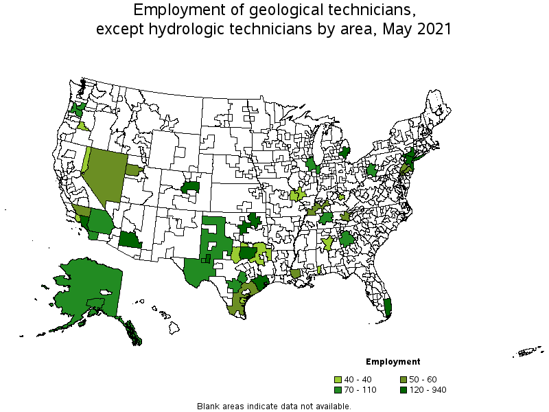 Map of employment of geological technicians, except hydrologic technicians by area, May 2021