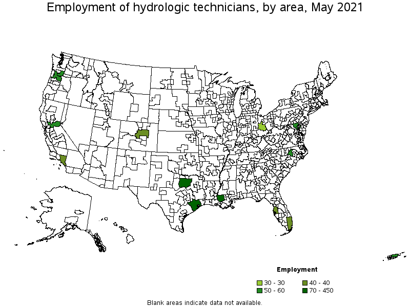 Map of employment of hydrologic technicians by area, May 2021