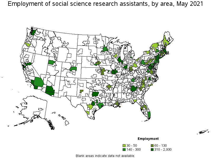 Map of employment of social science research assistants by area, May 2021