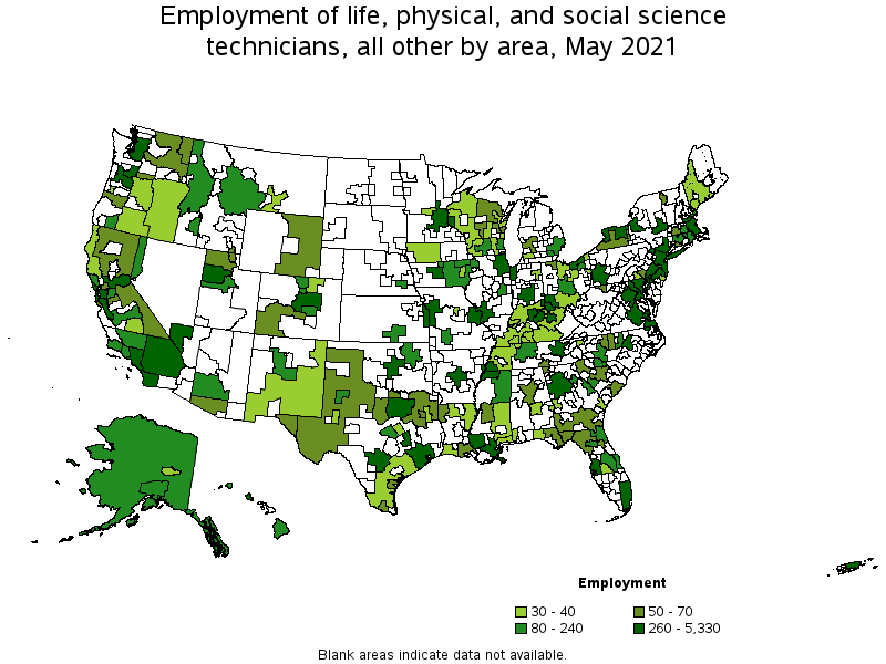 Map of employment of life, physical, and social science technicians, all other by area, May 2021