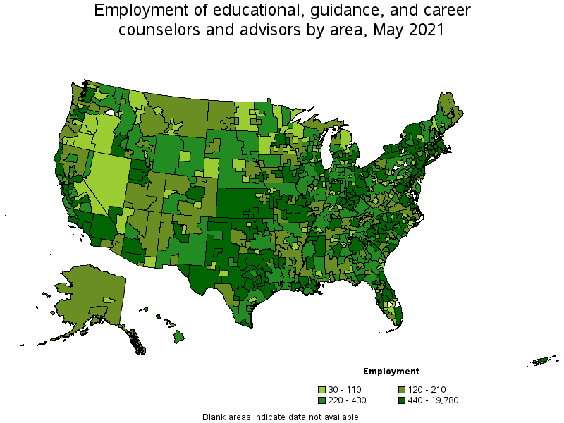 Map of employment of educational, guidance, and career counselors and advisors by area, May 2021