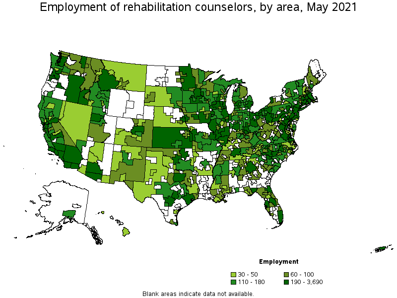 Map of employment of rehabilitation counselors by area, May 2021