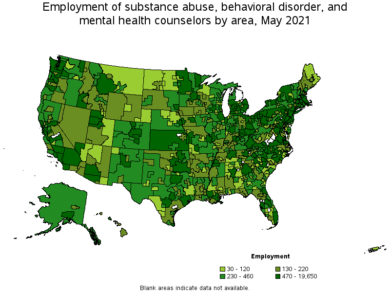 Map of employment of substance abuse, behavioral disorder, and mental health counselors by area, May 2021