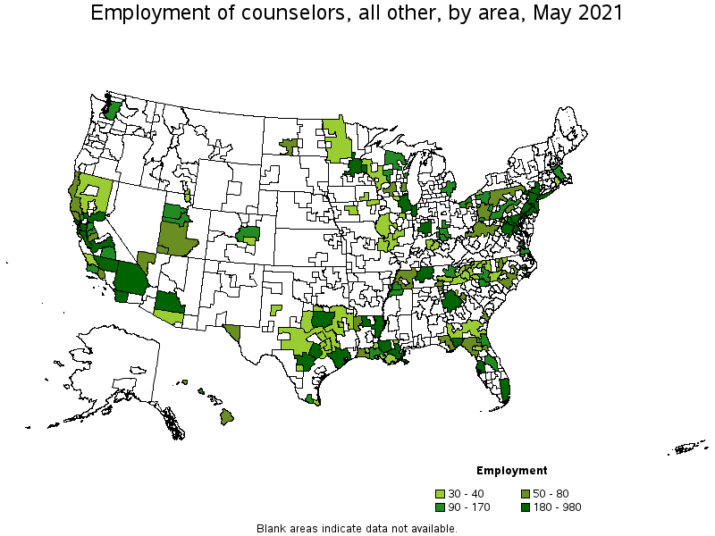 Map of employment of counselors, all other by area, May 2021