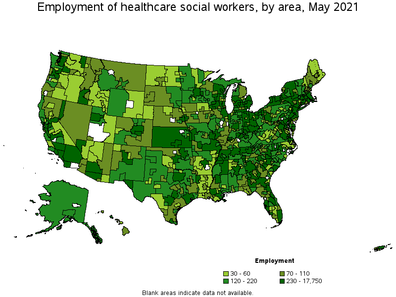 Map of employment of healthcare social workers by area, May 2021