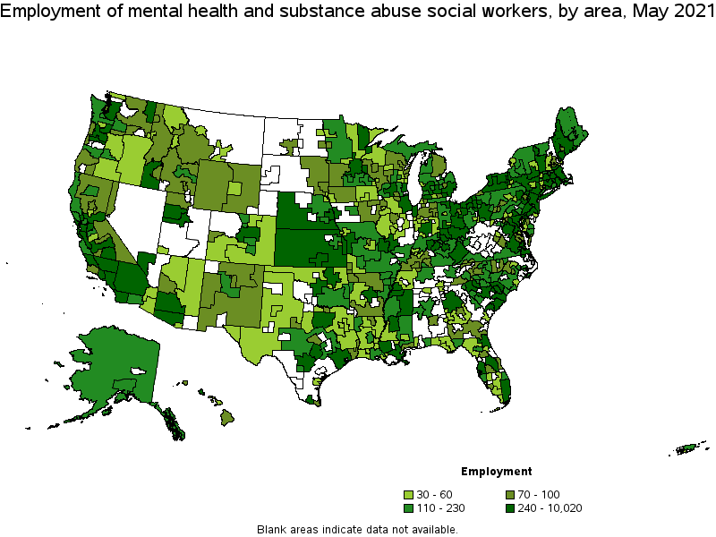 Map of employment of mental health and substance abuse social workers by area, May 2021