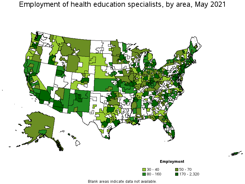 Map of employment of health education specialists by area, May 2021