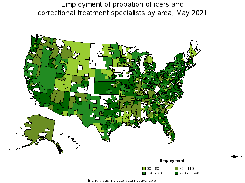 Map of employment of probation officers and correctional treatment specialists by area, May 2021