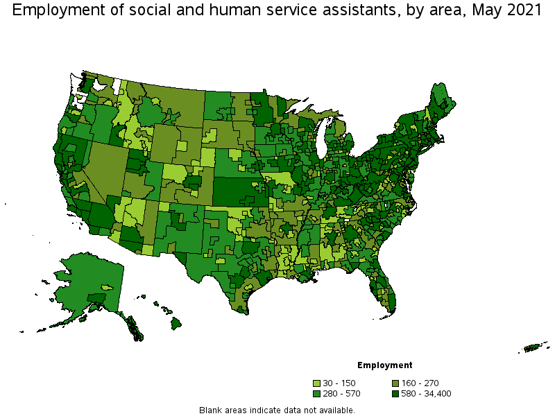 Map of employment of social and human service assistants by area, May 2021