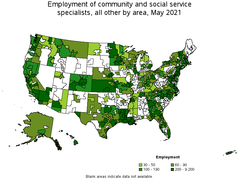 Map of employment of community and social service specialists, all other by area, May 2021