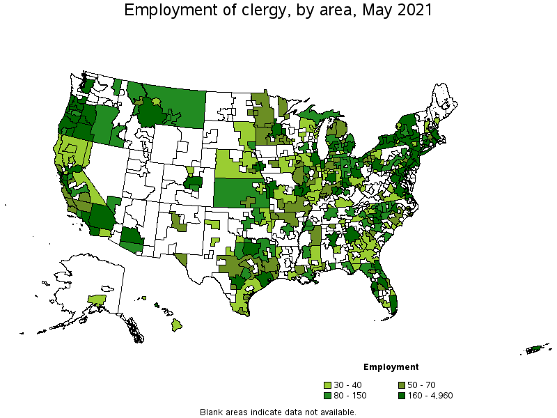 Map of employment of clergy by area, May 2021