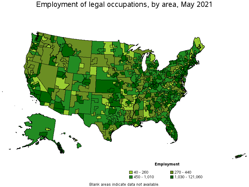 Map of employment of legal occupations by area, May 2021