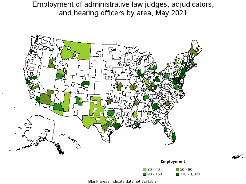 Map of employment of administrative law judges, adjudicators, and hearing officers by area, May 2021