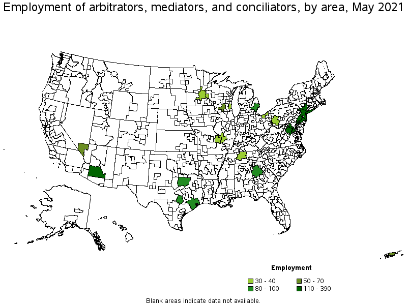 Map of employment of arbitrators, mediators, and conciliators by area, May 2021