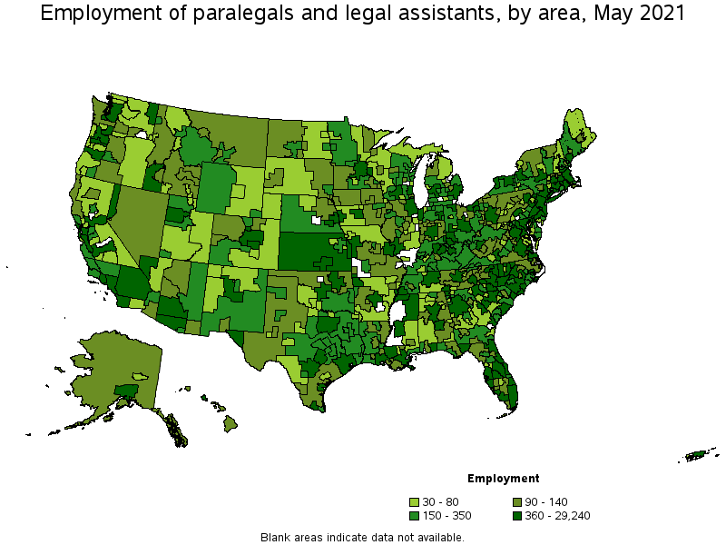 Map of employment of paralegals and legal assistants by area, May 2021