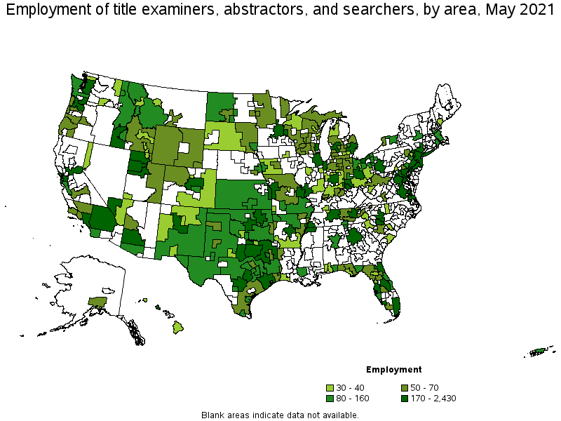 Map of employment of title examiners, abstractors, and searchers by area, May 2021