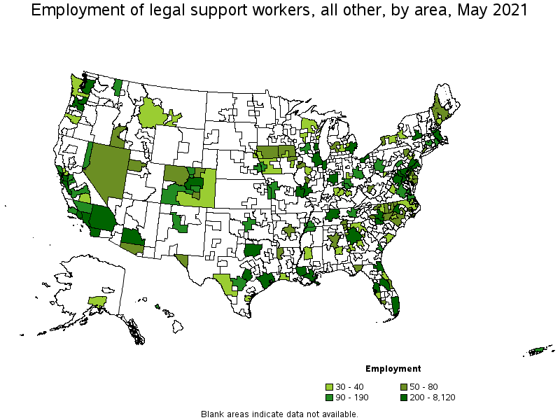 Map of employment of legal support workers, all other by area, May 2021