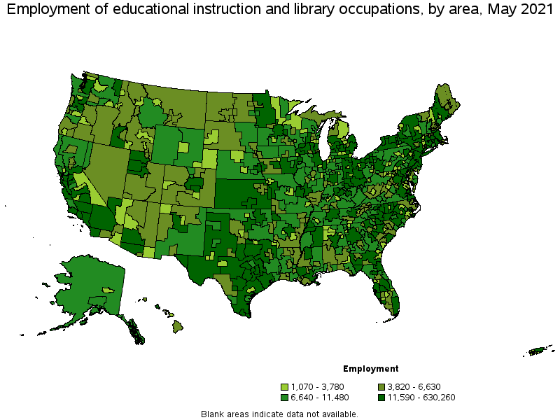 Map of employment of educational instruction and library occupations by area, May 2021