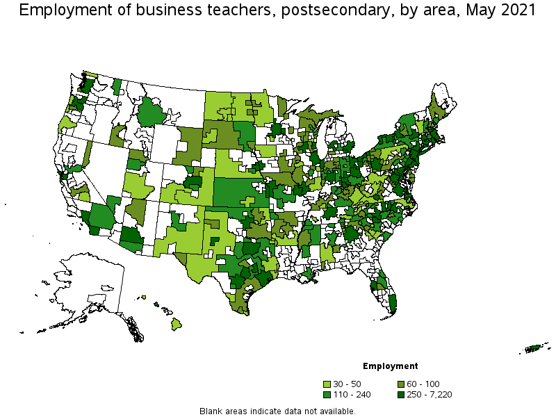 Map of employment of business teachers, postsecondary by area, May 2021