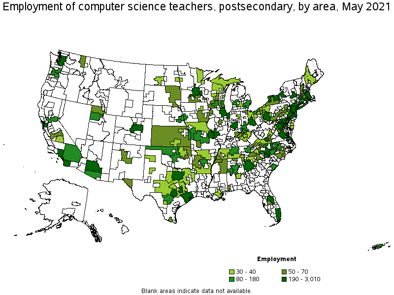 Map of employment of computer science teachers, postsecondary by area, May 2021