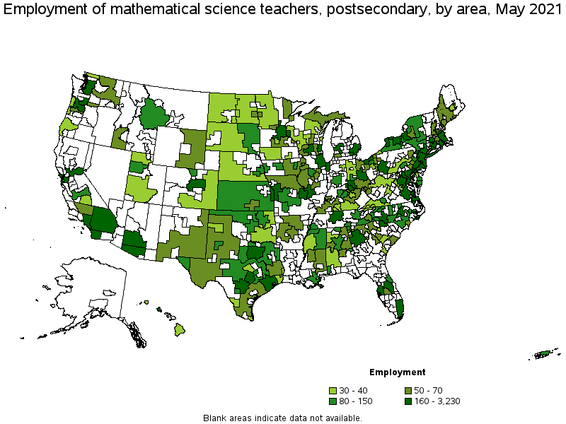 Map of employment of mathematical science teachers, postsecondary by area, May 2021