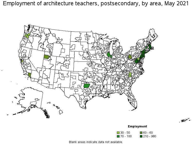 Map of employment of architecture teachers, postsecondary by area, May 2021