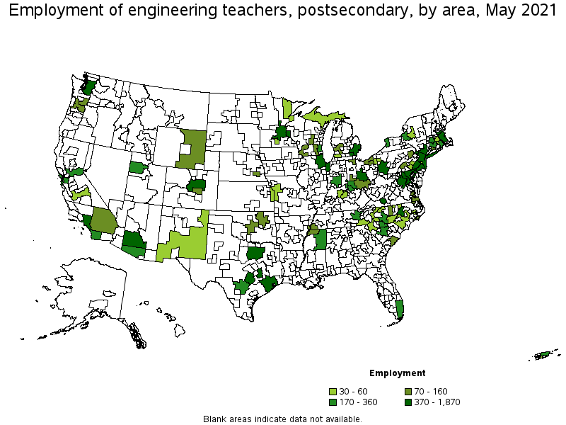 Map of employment of engineering teachers, postsecondary by area, May 2021