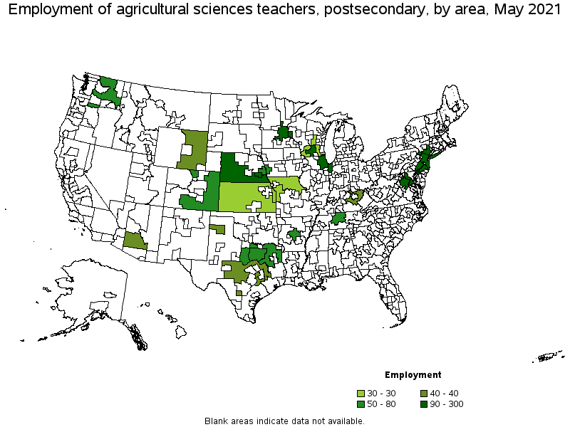 Map of employment of agricultural sciences teachers, postsecondary by area, May 2021