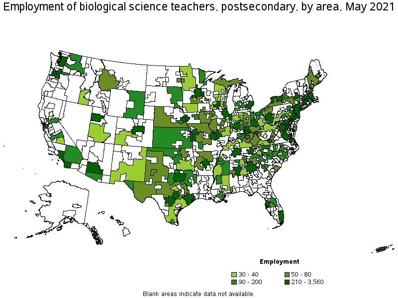 Map of employment of biological science teachers, postsecondary by area, May 2021