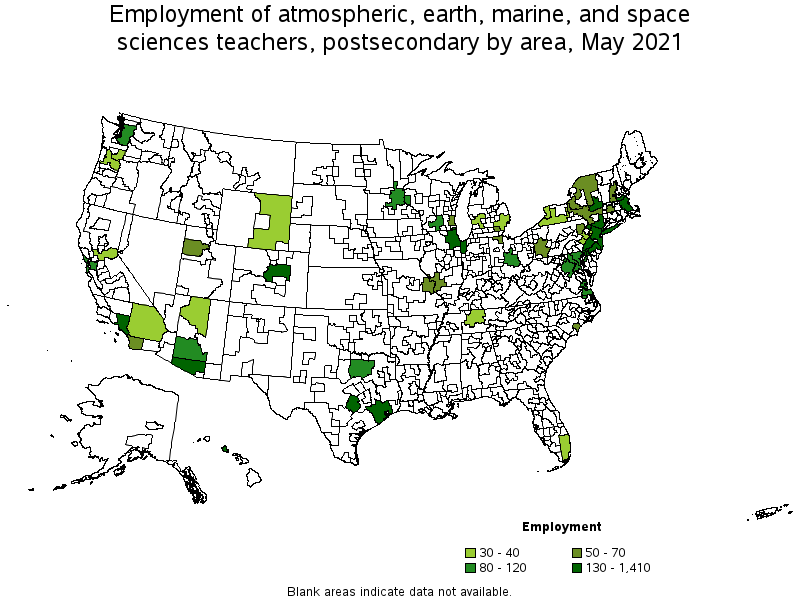 Map of employment of atmospheric, earth, marine, and space sciences teachers, postsecondary by area, May 2021