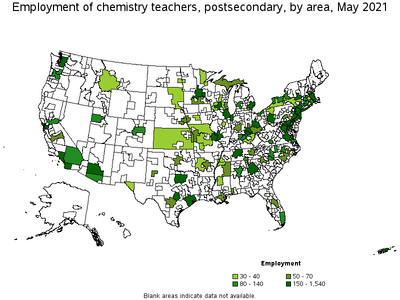 Map of employment of chemistry teachers, postsecondary by area, May 2021