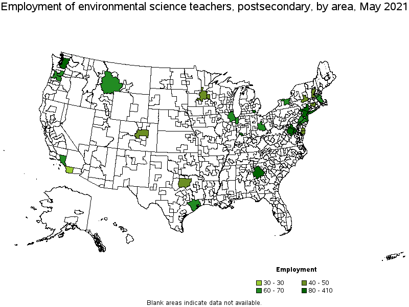 Map of employment of environmental science teachers, postsecondary by area, May 2021