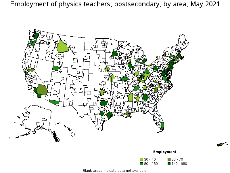 Map of employment of physics teachers, postsecondary by area, May 2021