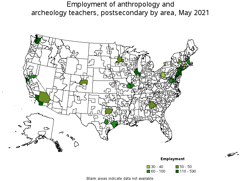 Map of employment of anthropology and archeology teachers, postsecondary by area, May 2021