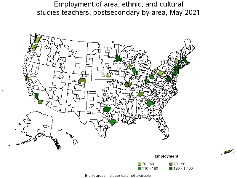Map of employment of area, ethnic, and cultural studies teachers, postsecondary by area, May 2021