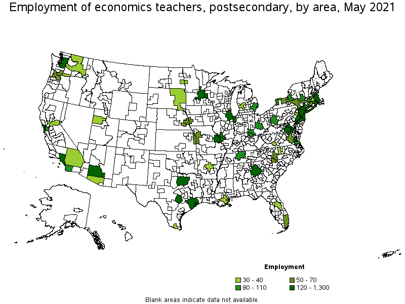 Map of employment of economics teachers, postsecondary by area, May 2021