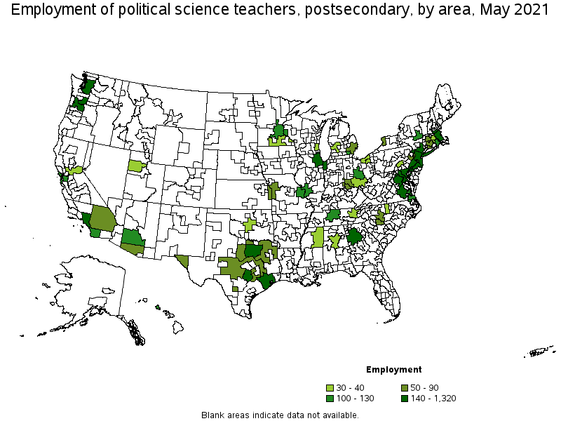 Map of employment of political science teachers, postsecondary by area, May 2021