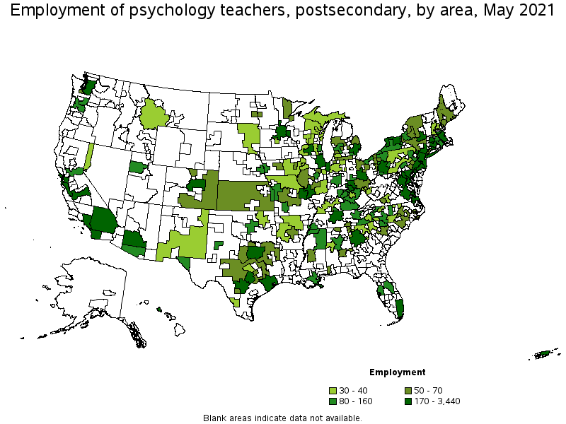 Map of employment of psychology teachers, postsecondary by area, May 2021
