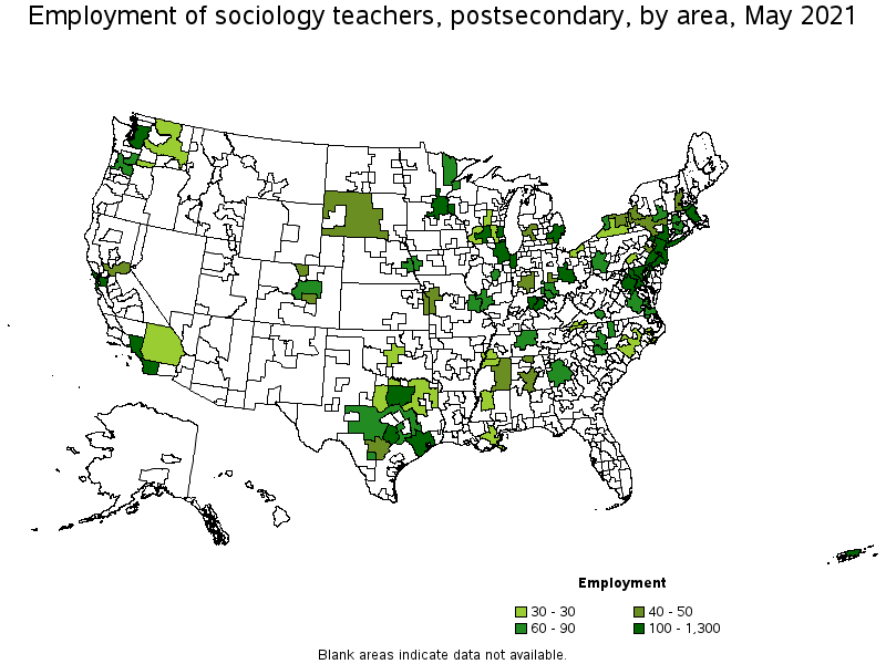 Map of employment of sociology teachers, postsecondary by area, May 2021