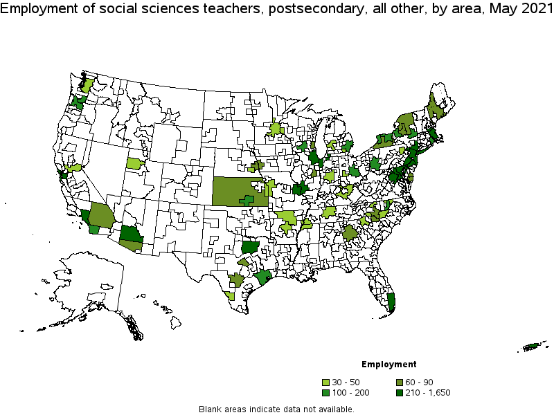 Map of employment of social sciences teachers, postsecondary, all other by area, May 2021