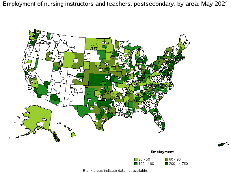 Map of employment of nursing instructors and teachers, postsecondary by area, May 2021