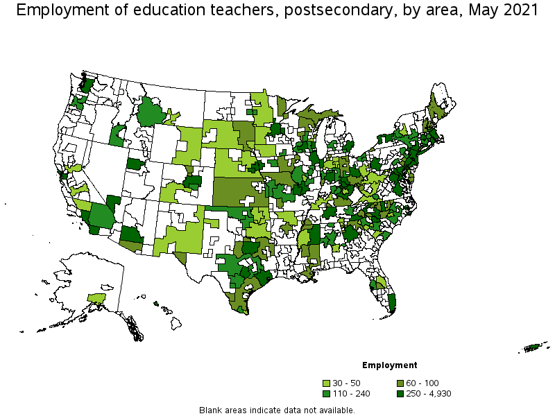 Map of employment of education teachers, postsecondary by area, May 2021