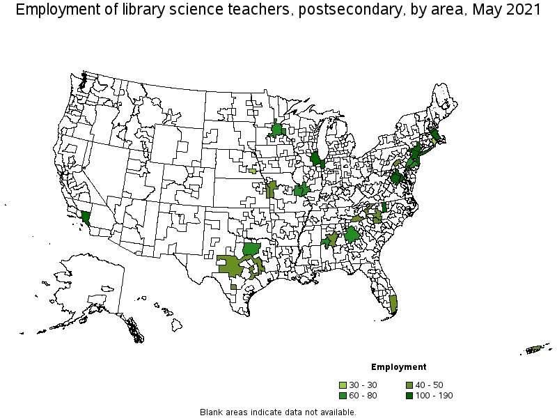 Map of employment of library science teachers, postsecondary by area, May 2021