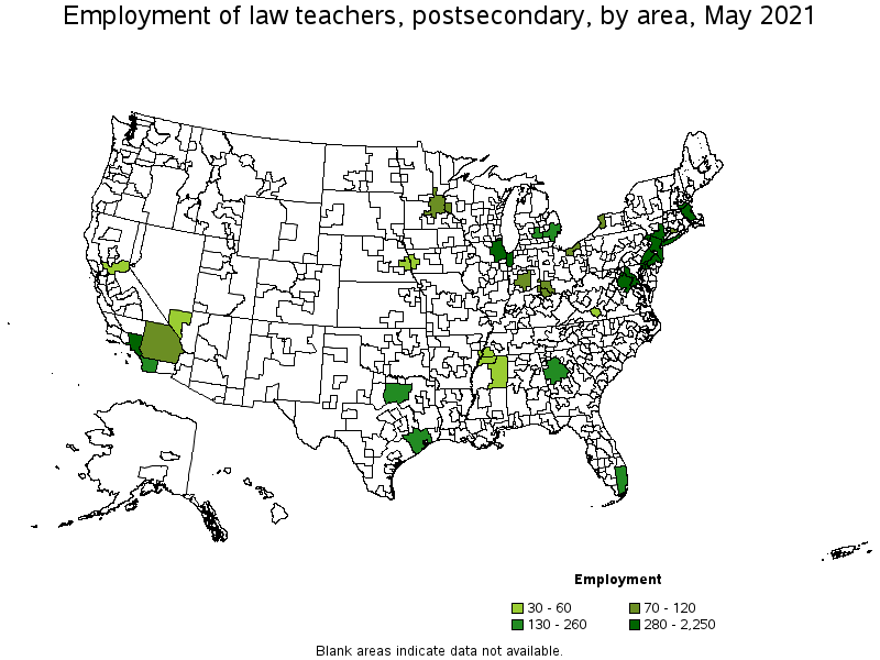 Map of employment of law teachers, postsecondary by area, May 2021