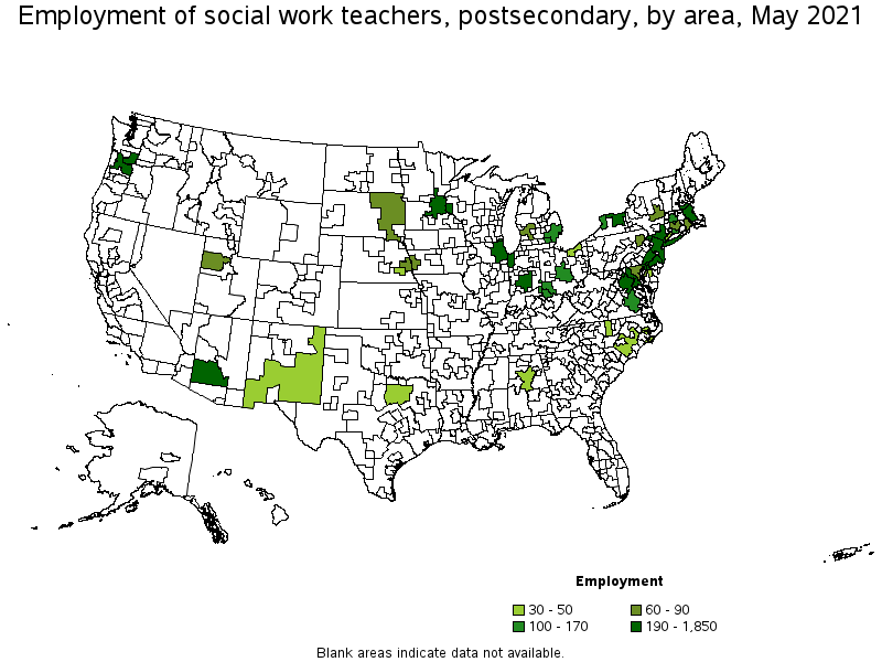 Map of employment of social work teachers, postsecondary by area, May 2021