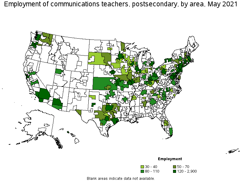 Map of employment of communications teachers, postsecondary by area, May 2021